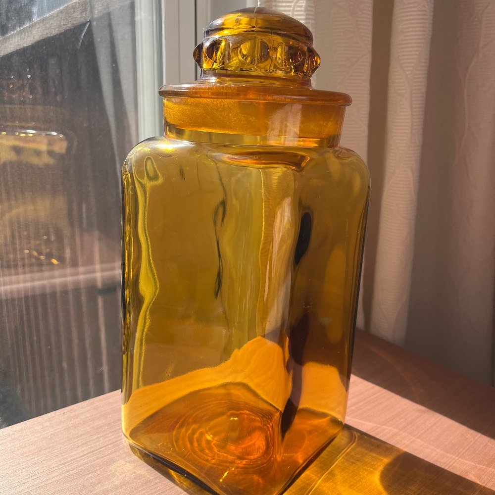 Vintage LE Smith Dakota Square Canister Apothecary Glass Jar Amber